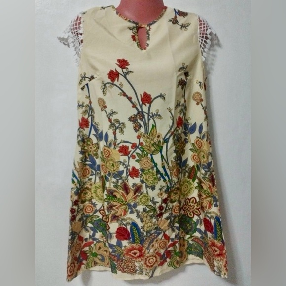 Lightweight Satin Floral Print Cream Mini Dress Crochet Flutter Cap Sleeves - Picture 3 of 11